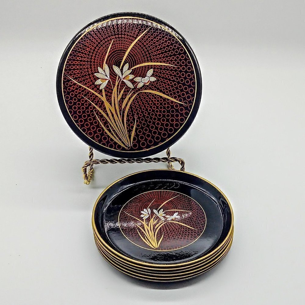 Asahi Japan Black Floral Lacquerware Boxed Coaster Set